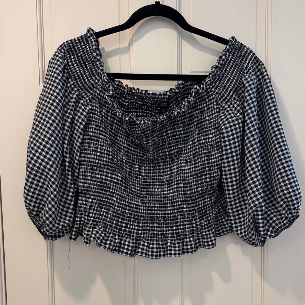 River Island Black & White Gingham Smocked Off-Shoulder Blouse